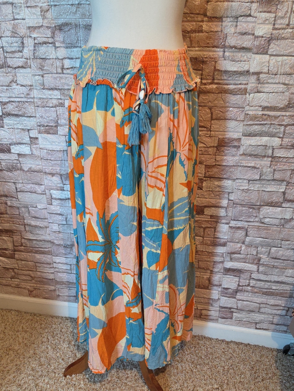 True Destinations Boho Wide Leg Tropical Print Pants  Blue, Orange, Pink